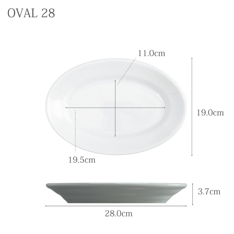 サタルニア チボリ オーバルプレート28cmの上面と側面。公称幅28cm、奥行19cm、高さ3.7cm